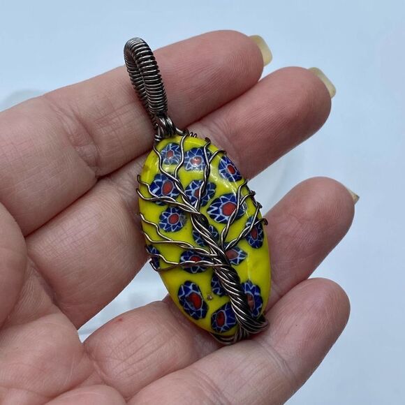 Tree of Life Yellow Flower Dico Glass Copper Wired Pendant - Picture 2 of 4